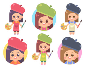 Set of cute girl artist character design and avatar. Girl artist holding palette and brush on white background. Flat vector cartoon illustration.