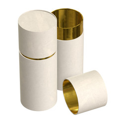Kraft paper cardboard tube package with gold part mock up. 3d render isolated on white background.
