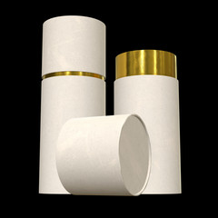 Kraft paper cardboard tube package with gold part mock up. 3d render on black background.