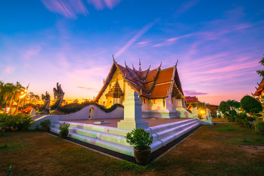 Wat Phumin, Buddhist temple with colorful morning sunrise sky, one of the most famous tourist attraction in Nan Province, North of Thailand.