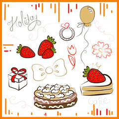 set of images by lines for a holiday in a vector. Cake, gift, box with bow, ring, balloons, strawberry, cake slice, flowers