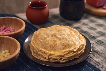 Pancake week breakfast. Homemade holiday meal.