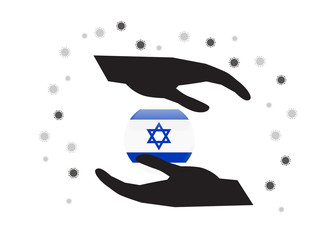 Hand holding Israel flag in cycle symbol, Protect Israeli people from coronavirus  or COVID-19 concept, Save israel, sign symbol background, vector illustration. 