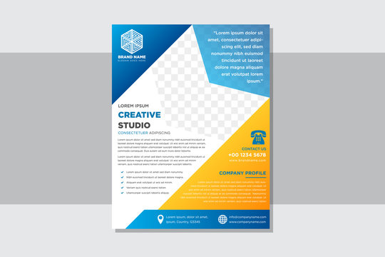 Modern blue and orange corporate Flyer design template with space for photo collage. Creative studio text as sample for headline. Abstract concept. brochure, poster, annual report, magazine cover. 