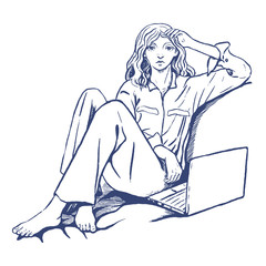 Hand drawn vector illustration. Beautiful woman with a laptop sitting on a sofa. Successful business woman concept. Blue pen outline graphic picture isolated in white. Sketch, vintage, engraving style