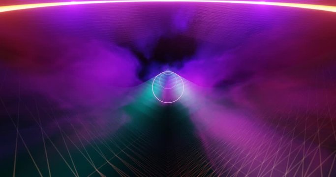 gl&uuml;hende Ringe bewegen sich im Nebel durch den Raum, 3D Animation