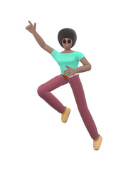 Young cheerful African girl dancing and jumping with arms raised up. Positive character in casual colored clothes. Funny, happy cartoon man, student, teenager minimal style. 3D rendering.