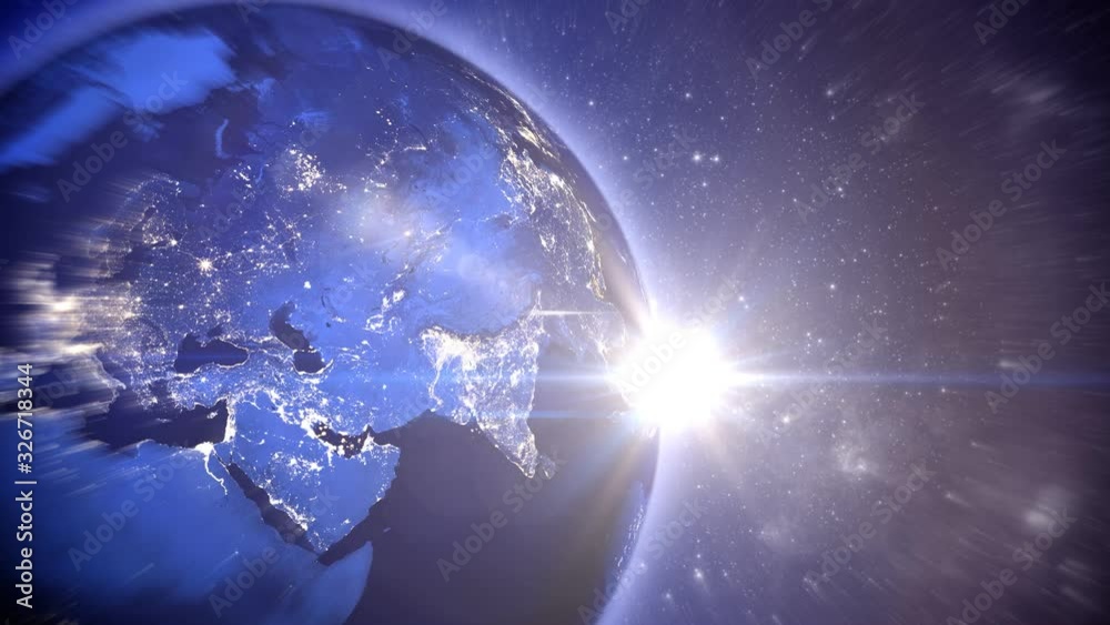 Wall mural 3d rendering of the world with all oceans and continents turning in the space with the shiny cities 