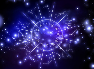 Illustration of night sky with stars and zodiac wheel