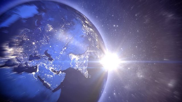 3d rendering of the world with all oceans and continents turning in the space with the shiny cities and sparkling Sun at the horizon and stars. The elements of this image furnished by NASA.