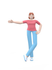 Young happy girl posing in free arm-to-side pose. Positive character in casual colored clothes isolated on a white background. Funny, abstract cartoon man. 3D rendering.
