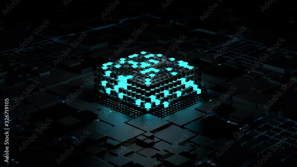 Poster colorful 3d render of abstract computing process. artificial intelligence theme. digital cpu. techno