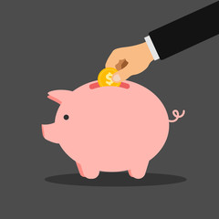 Hand puts coins in a piggy bank. Flat design vector illustration.	
