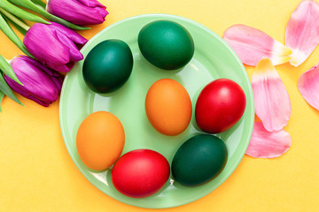 Easter eggs with tulips on a green dish on a yellow background.