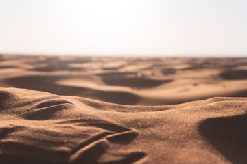 Close up of the sand desert in the middle of hot sunny day. Merzouga, Morocco - obrazy, fototapety, plakaty