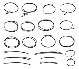 Fototapeta premium Set of speech bubbles, frames and underliners in hand drawn style. Vector collection.