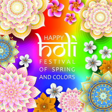 Happy Holi festival of spring and colors square vector banner or social media post template with flowers and mandalas on rainbow background