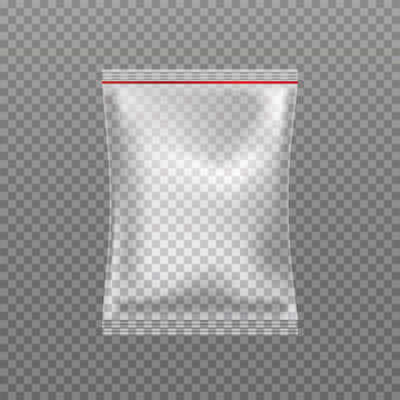 Vector realistic transparent pillow bag isolated on transparent background. Nylon pack template ready for your design, promotion, advertising. Polythene package mock-up.	