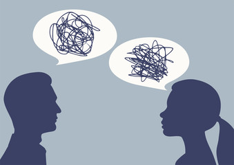 Dialogue between a man and a woman. Silhouettes of people and speech bubbles. Vector illustration