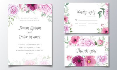 Fototapeta na wymiar Romantic wedding invitation card template set with rose, cosmos flowers, and leaves