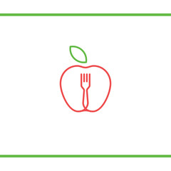 Lineart Apple with fork and leafe. Abstract food logo icon vector design. Recipe, cooking, course, restaurant, vegan food vector logo. Editable Design. Apple with leaf and fork logo