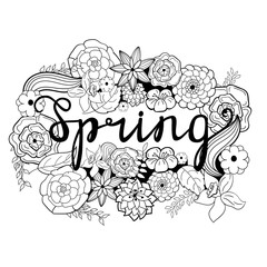 black lettering spring and flower with leaf isolated on white, doodle text, vector stock illustration