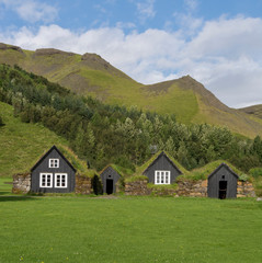 Fototapeta na wymiar Typical Icelandic black houses with a grass roof on a background of a green meadow.