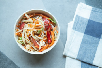 Thai cuisine Somtum or Thai food fruit spicy green papaya salad