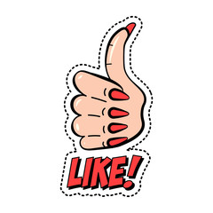 Like, colorful fashion sticker with thumb up and text, trendy patch badge, vector illustration.