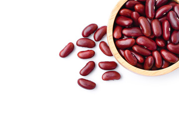 red beans or kidney bean in wooden bowl isolated on white background. Overhead view. Flat lay.