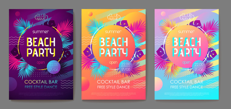 Set of colorful summer tropical gradient backgrounds with geometric elements. Summer disco beach party poster. Summertime template collection.