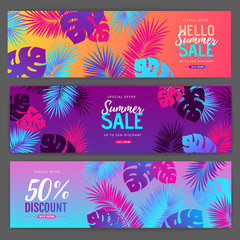 Set of colorful summer big sale tropical gradient banners with fluorescent tropic leaves. Summertime template collection.