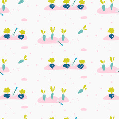 Garden bed seamless pattern with hand drawn gardening tools and vegetables seeds. Vector illustration.