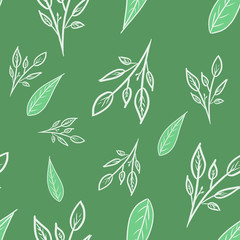 seamless pattern with green leaves, white branches on green background. Botanical pattern. Spring, summer print. Packaging, wallpaper, textile, fabric design