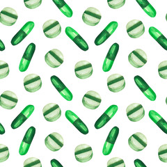 Natural medecine seamless pattern. Colorful  pattern with pills and capsule on a white background, drawing watercolor. Fabric wallpaper print texture.