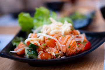 Salmon sashimi spicy salad mixed vegetable