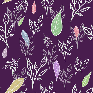 seamless floral pattern with white outline branches and multicolored leaves on dark violet background. Spring/summer pattern. Hand drawing. Fashion print. Packaging, wallpaper, textile, fabric design