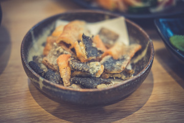 Crispy baked and seasoned salmon skin