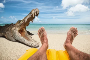 Fototapeten Salzwasserkrokodil greift Mann am Strand an und entspannt sich auf einer Luftmatratze © picture.jacker