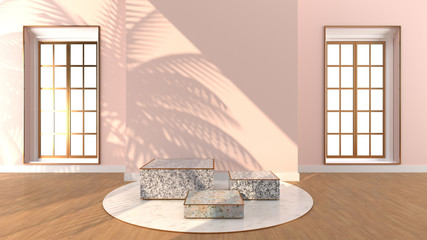 Square marble Podium, golden border, The sunlight shines And the pink wall with Square window with shadow of leaf. Podium Can be used for commercial advertising, Isolated on wooden floor, 3D rendering