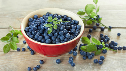 Blueberry in a red bowl with leaf on top on wooden table