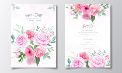 Fototapeta na wymiar Romantic wedding invitation card template set with rose, cosmos flowers, and leaves