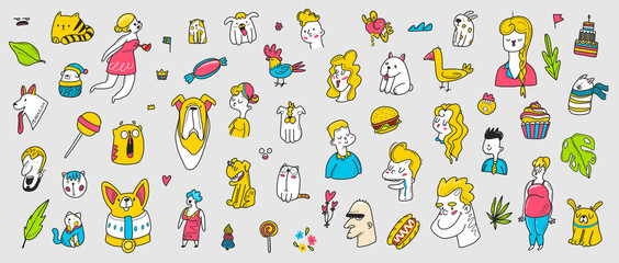 Patch doodle illustration. Set of cartoon characters, animals and people.
