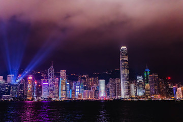 Obraz premium Panorama of Victoria harbor of Hong Kong city, from day to night Cold front in December,Sound and Light Show Period, Symphony of Lights.