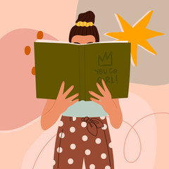 Cute dark haired girl reading a Book while standing. You go girl sign. Young woman. Beautiful dotted pants. Read more books concept. Hand drawn Vector trendy illustration with abstract background
