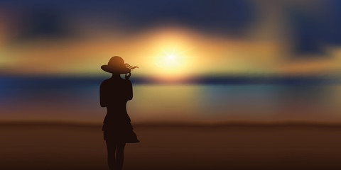 Fototapeta premium pretty girl with summer hat looking at magic sunset on the beach vector illustration EPS10