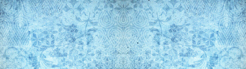 Old blue vintage shabby patchwork tiles stone concrete cement wall texture background banner panorama