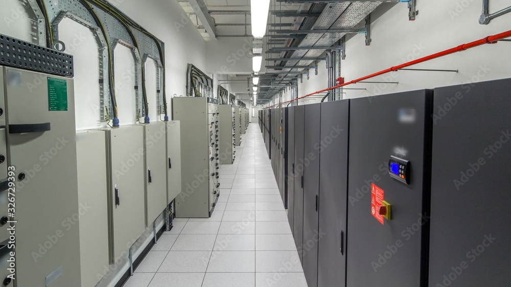 Wall mural room with rows of server hardware in data center timelapse