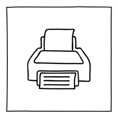 Doodle printer icon or logo, hand drawn with thin black line.