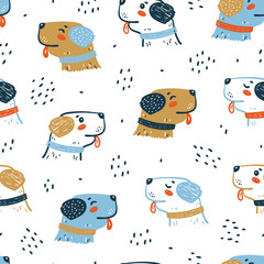 Childish Seamless Vector Pattern with Happy Cute Dog Faces. Doodle Cartoon Funny Puppies Background for Kids. Wallpaper with Pet Animals for Baby Fashion, Nursery Design